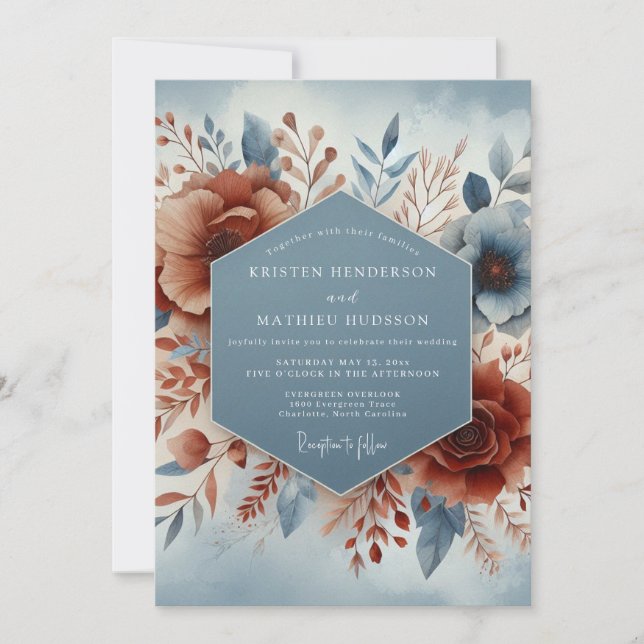 Convite Slate Blue Terracotta Bloom Wedding (Frente)