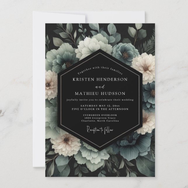 Convite Slate Blue Umbral Bloom Wedding (Frente)