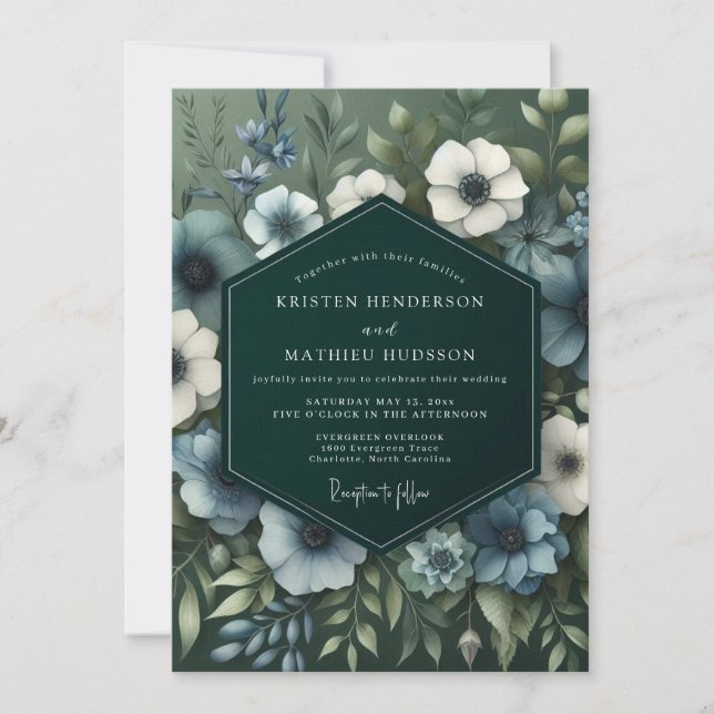 Convite Slate Blue Verdant Bloom Wedding (Frente)
