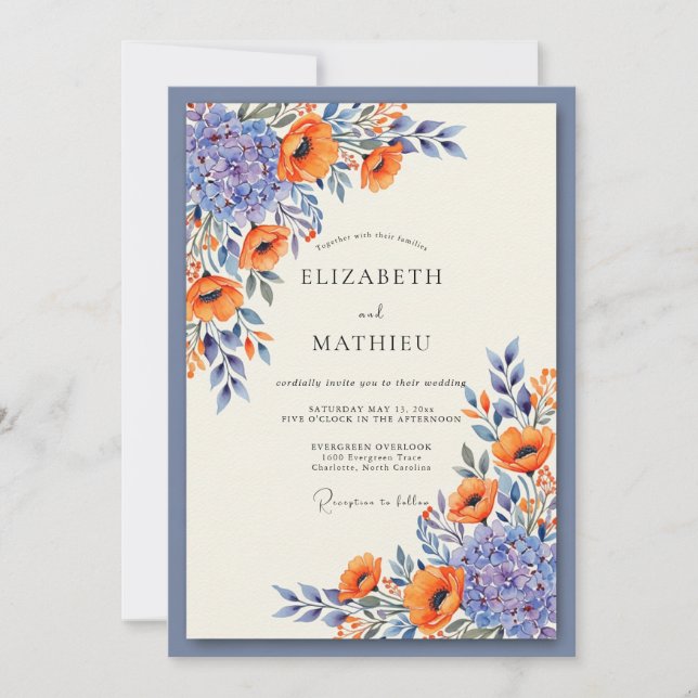 Convite Slate Blue Vibrant Poppy Wedding (Frente)