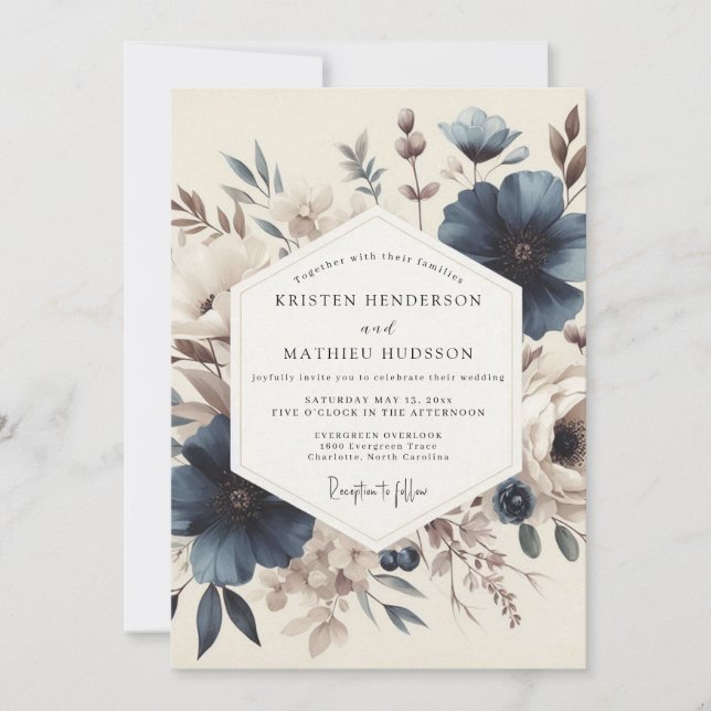 Convite Slate Blue Vintage Bloom Wedding (Frente)