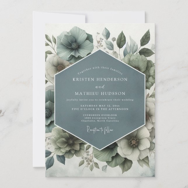 Convite Slate Blue Watercolor Bloom Wedding (Frente)