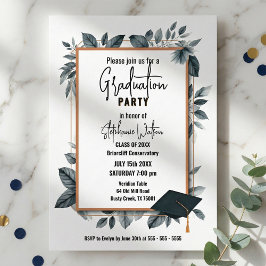 Convite Slate Blue Watercolor Leaves Geometric Graduation