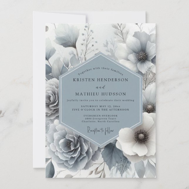 Convite Slate Blue Whisper Bloom Wedding (Frente)
