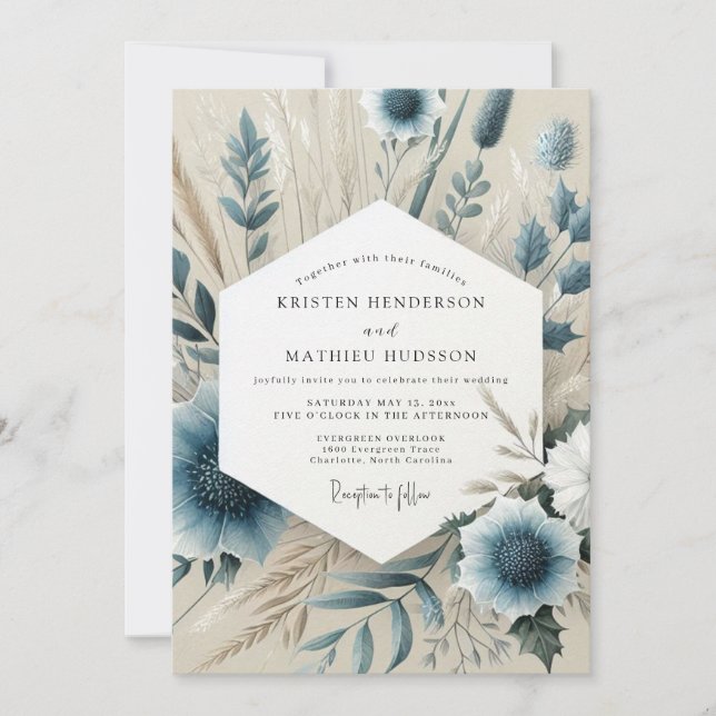 Convite Slate Blue Whispering Bloom Wedding (Frente)