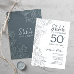 Convite Slate Blue White Botanical Surprise 50th Birthday<br><div class="desc">Slate Blue Botanical Surprise 50th Birthday Invitation. A design feminina moderna minimalista apresenta sotaques botânicos e letra de script de tipografia. Simples cartão de convite floral perfeito para uma festa surpresa na moda.</div>