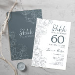 Convite Slate Blue White Botanical Surprise 60th Birthday<br><div class="desc">Slate Blue Botanical Surprise 60th Aniversário. A design feminina moderna minimalista apresenta sotaques botânicos e letra de script de tipografia. Simples cartão de convite floral perfeito para uma festa surpresa na moda.</div>