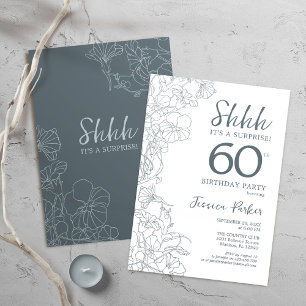 Convite Slate Blue White Botanical Surprise 60th Birthday