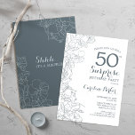 Convite Slate Blue White Surprise 50th Festa de aniversári<br><div class="desc">Slate Blue White Surprise 50th Convite de aniversário. Design minimalista moderno com sotaques botânicos e letra de escrita tipográfica. Floral,  carta de convite perfeita para uma na moda fêmea de comemoração surpresa. Pode ser personalizado para qualquer idade.</div>