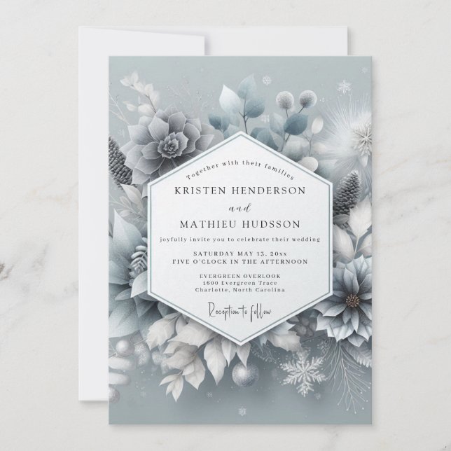 Convite Slate Blue Wintertide Bloom Wedding (Frente)
