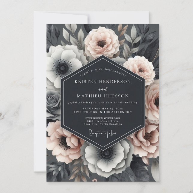 Convite Slate Blush Dramatic Flora Wedding (Frente)