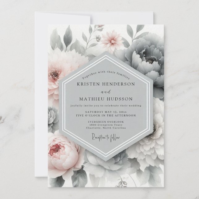 Convite Slate Blush Painterly Peony Wedding (Frente)