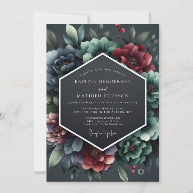 Convite Slate Burgundy Baroque Bloom Wedding (Frente)