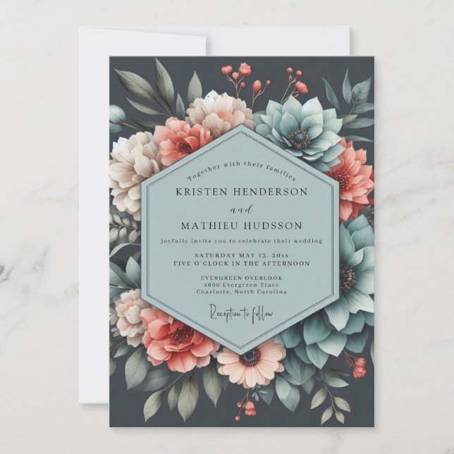 Convite Slate Coral Moody Bloom Wedding (Frente)
