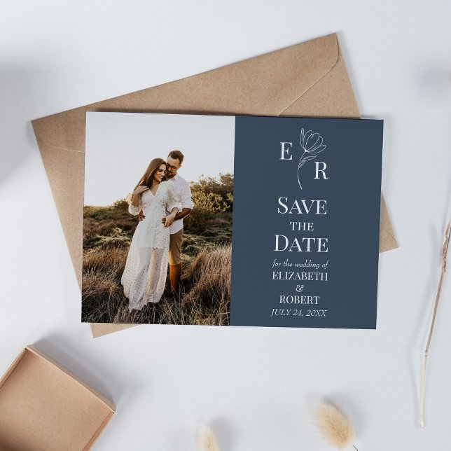 Convite Slate Floral Monograma Foto Salvar Data (Slate Floral Monogram Photo Save the Date Card on neutral boho wedding table.)