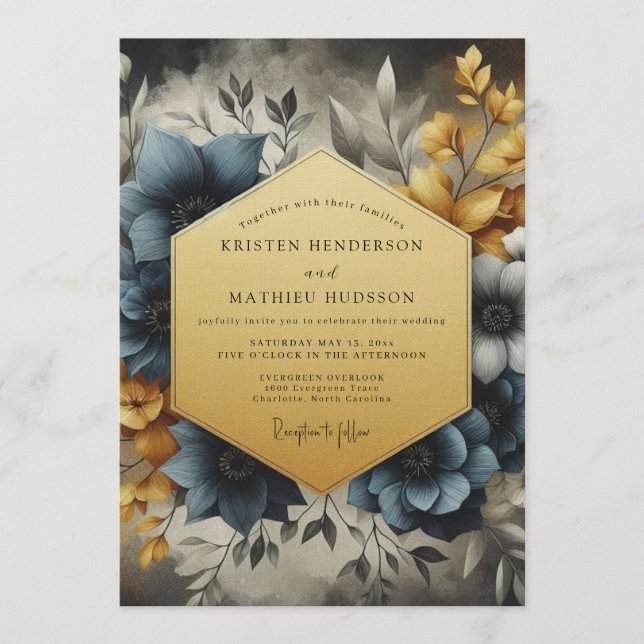 Convite Slate & Gold Painterly Bloom Wedding (Frente)