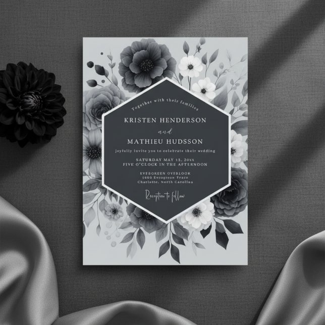 Convite Slate Gray Floral Romantic Wedding (Criador carregado)