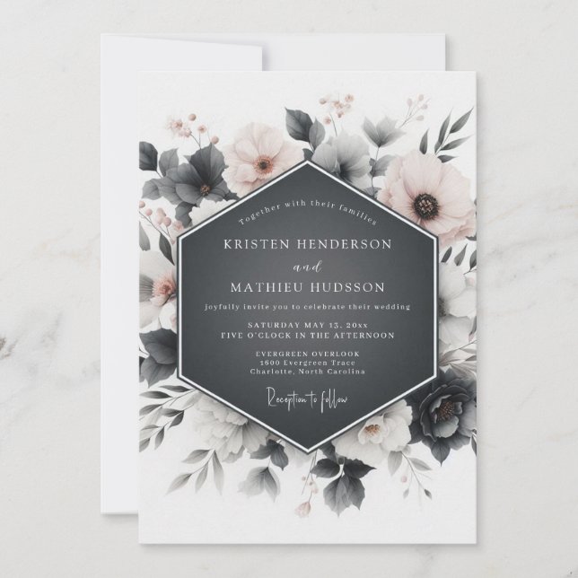 Convite Slate Grey Floral Elegance Wedding (Frente)