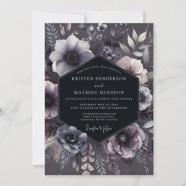 Convite Slate Purple Floral Moody Wedding (Frente)