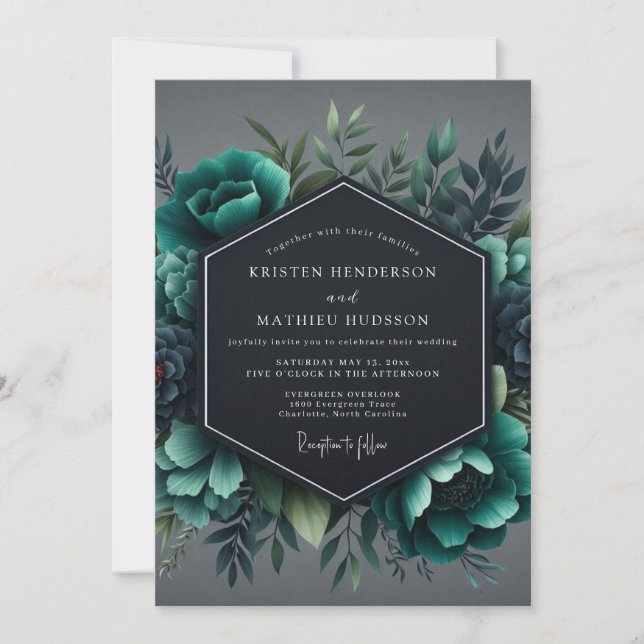 Convite Slate Teal Moody Flora Wedding (Frente)