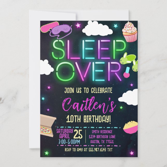 Convite Sleepover Birthday Neon Slumber Party (Frente)