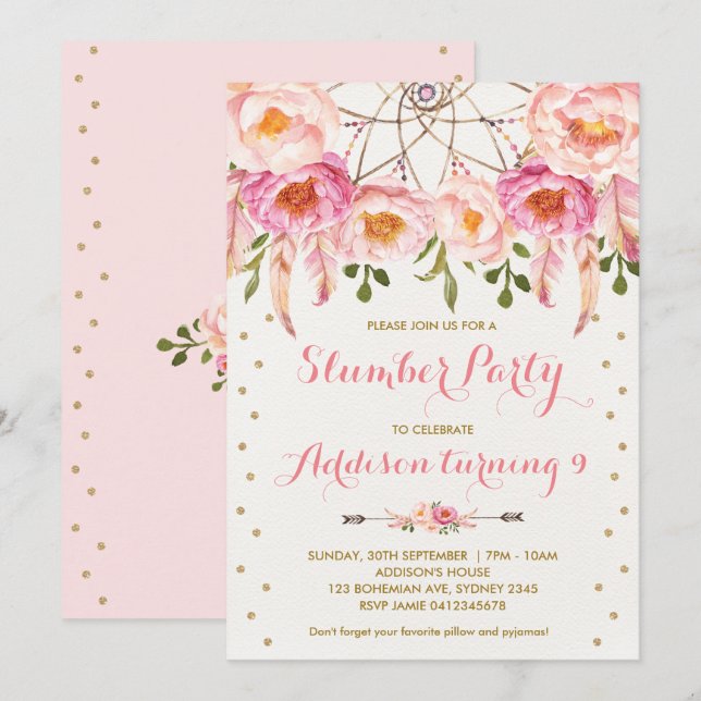 Convite Sleepover cor-de-rosa & Dourado do aniversário de (Frente/Verso)