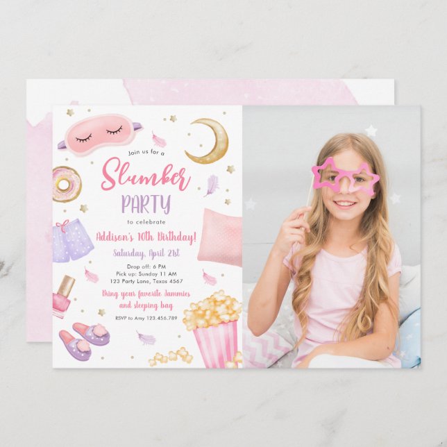 Convite Sleepover Girl Spa Pink Birthday (Frente/Verso)