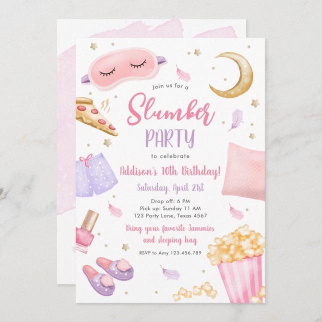Convite Sleepover Girl Spa Pink Birthday (Frente/Verso)