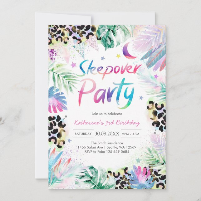 Convite Sleepover Leopard Party Birthday Invitation (Frente)