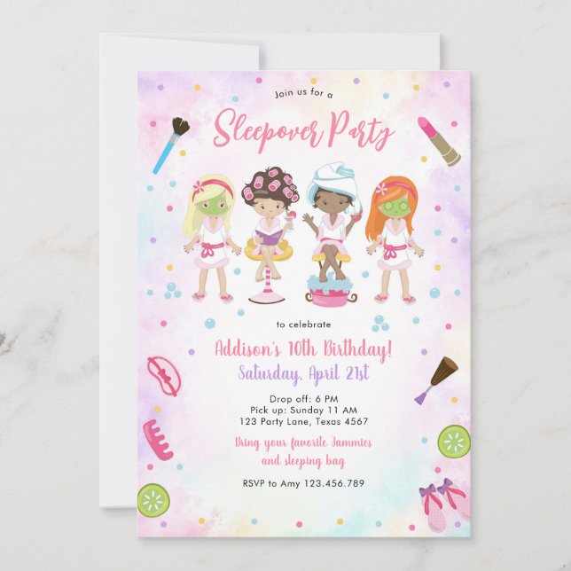 Convite Sleepover Party Girl Spa Pink Birthday Invitation (Frente)