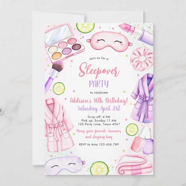 Convite Sleepover Party Girl Spa Pink Birthday Invitation (Frente)