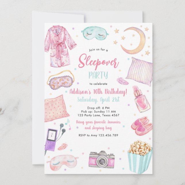 Convite Sleepover Party Girl Spa Pink Birthday Invitation (Frente)