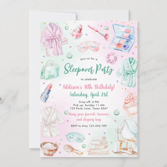 Convite Sleepover Party Girl Spa Pink Birthday Invitation (Frente)
