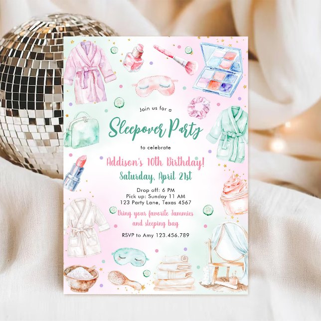 Convite Sleepover Party Girl Spa Pink Birthday Invitation (Criador carregado)