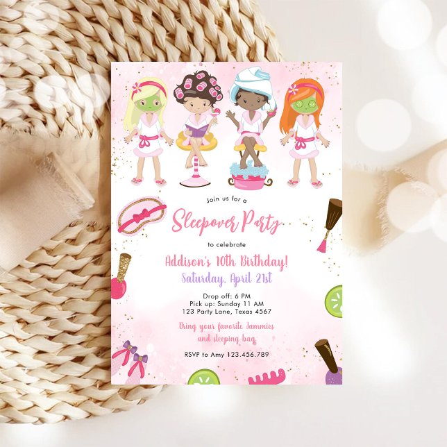 Convite Sleepover Party Girl Spa Pink Birthday Invitation (Criador carregado)