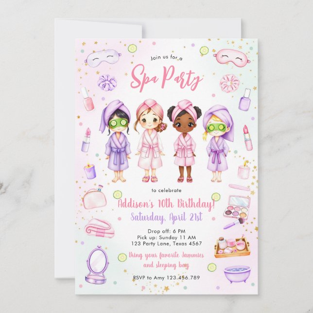 Convite Sleepover Party Girl Spa Pink Birthday Invitation (Frente)