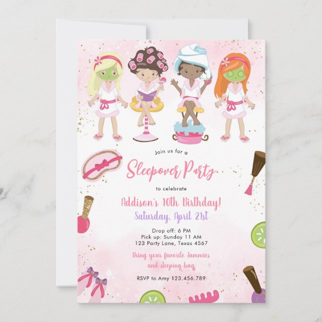 Convite Sleepover Party Girl Spa Pink Birthday Invitation (Frente)