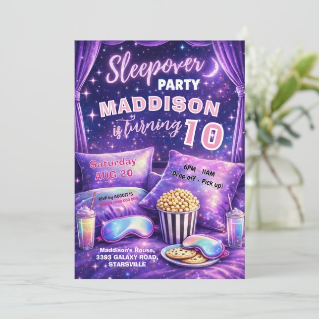 Convite  Sleepover Party Invitation Girl Pajama Birthday  (Em pé/Frente)