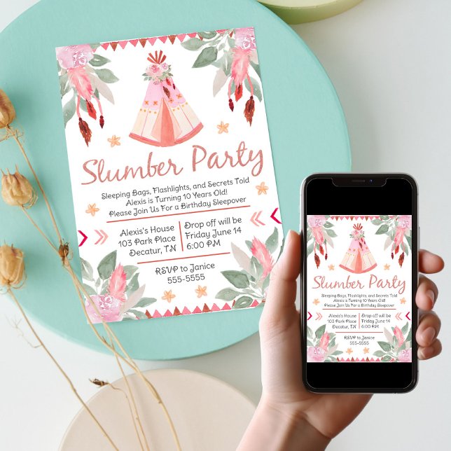 Convite Sleepover Slumber Party Girl Pink Teepee Aniversár (Sleepover Slumber Party Girl Pink Teepee Birthday Invitation)