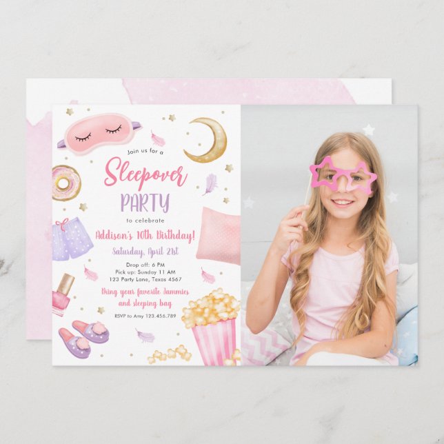 Convite Sleepover Slumber Party Girl Spa Pink Aniversário (Frente/Verso)