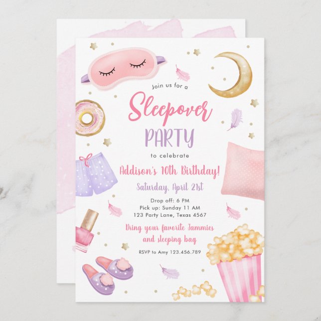 Convite Sleepover Slumbper Party Girl Spa Pink Birthday In (Frente/Verso)