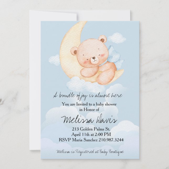 Convite Sleepy Bear Baby Shower Invitation  (Frente)