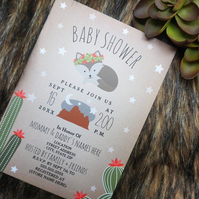 Convite Sleepy Girl Wolf Pup Desert  Mountains Baby Shower (Criador carregado)