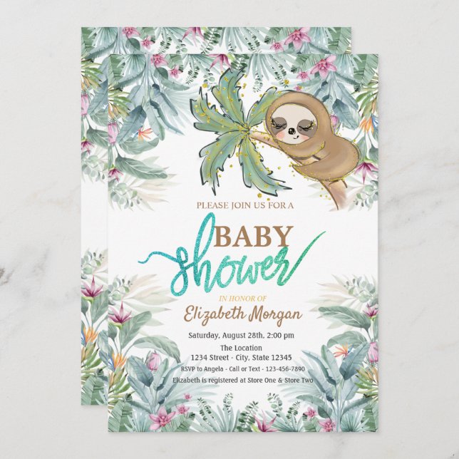 Convite Sleth Tropical Flowers de Folha Dormindo Chá de fr (Frente/Verso)