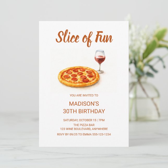 Convite Slice Of Fun Pizza & Wine Adult Birthday Party (Em pé/Frente)