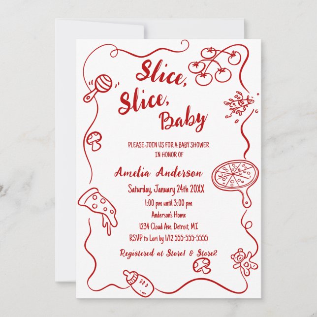 Convite Slice Slice Baby | Red Doodle Pizza Baby Shower (Frente)