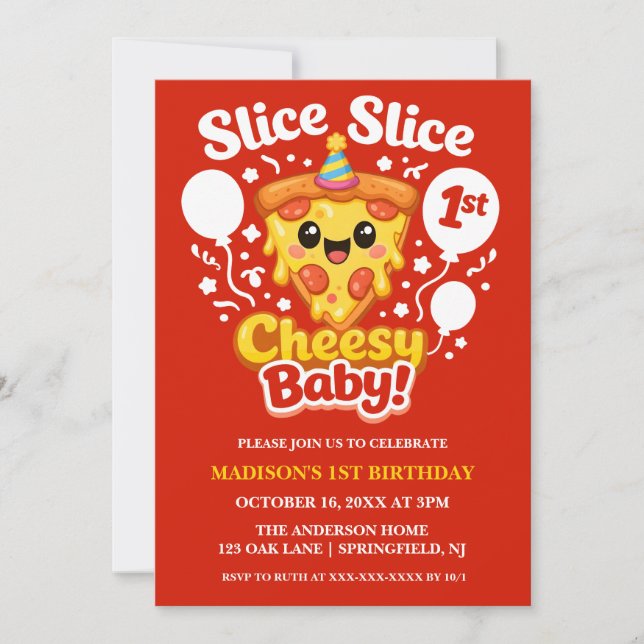 Convite Slice Slice Cheesy Baby Pizza 1st Birthday Photo (Frente)