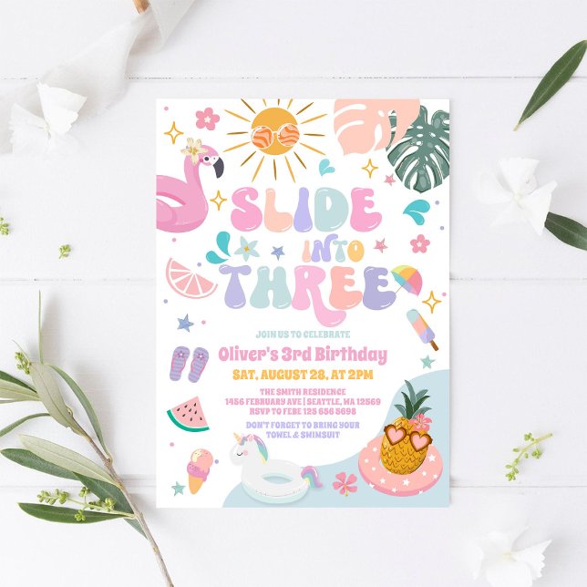 Convite Slide Into Three Pool Party Summer 3rd Birthday (Criador carregado)