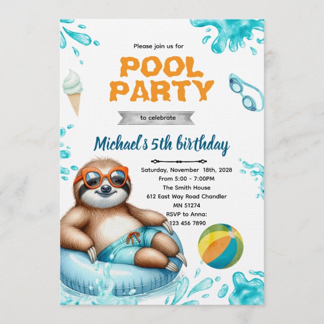 Convite Sloth Pool Party Birthday Invite (Frente)