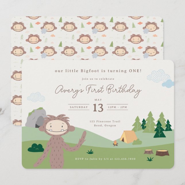 Convite Slumberkins Bigfoot Woodland First Birthday (Frente/Verso)